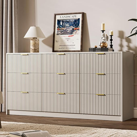 MAISONARIA 3-Piece Dresser Bedroom Set, 9 Drawer Dresser & 3 Drawer Nightstands with Gold Handles, Fluted Wood Chest of Drawers for Bedroom, Living Room, Entryway, Beige