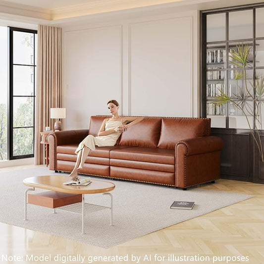 93.7" King Size Sleeper Sofa Bed, Pull Out Sofa Bed, Faux Leather Upholstery, 3 in 1 Convertible Sleeper Couch, Chaise Lounge, Retro Recliner for Living Room, Office, Apartment, Light Brown