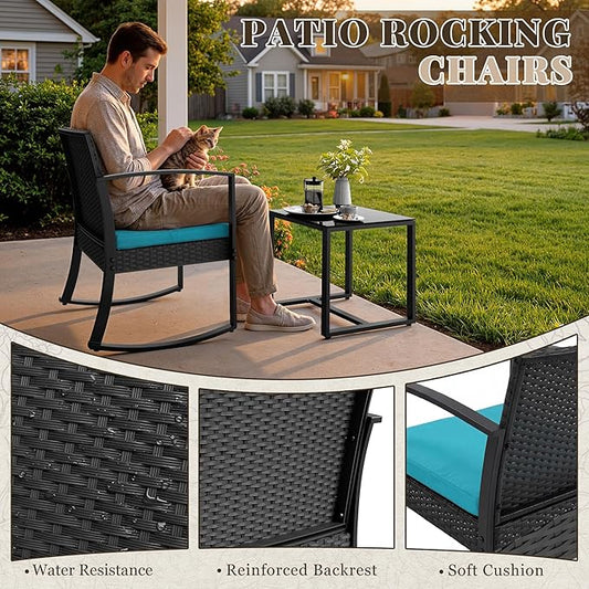 Homall Patio Furniture Set 3 Piece Resin Outdoor Bistro Set Rocking Patio Chairs with Cushions and Table for Porch, Poolside, Balcony and Yard (Blue)