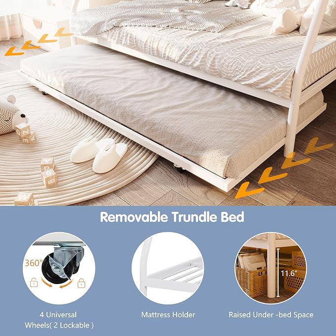 SUNLEI Metal Bunk Beds with Double Secured Ladders, Twin Over Full Bunk Bed with Surrounded Safety Guardrails, Space Saver Twin Beds, Noise Free for Small Bedroom, with Trundle, White