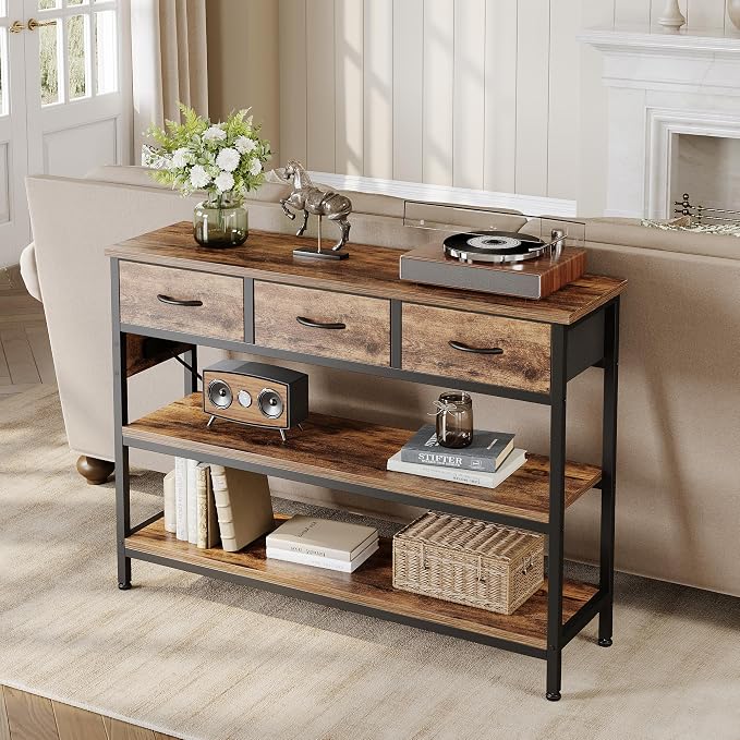 Lulive Entryway Table with Outlets, 3 Fabric Drawers, 43 in Console Table | 43.3"W x 11.8"D entry table with 2 outlets, 2 USB ports, swappable plug side, adjustable feet and anti-tip kit.