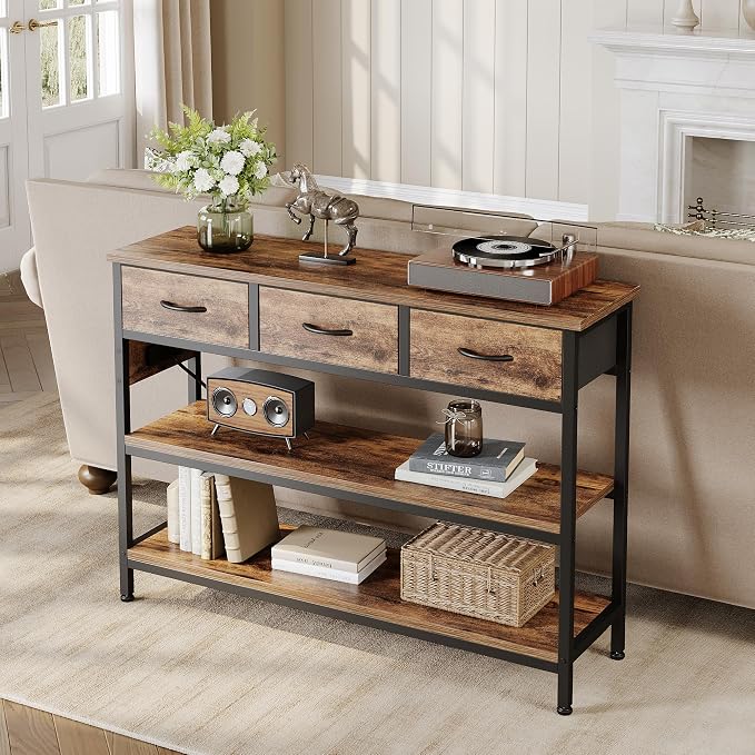 Lulive 2 Pack Entryway Table with Outlets, 3 Fabric Drawers, 43in | 43.3"W x 11.8"D entry table with 2 outlets, 2 USB ports, swappable plug side, adjustable feet and anti-tip kit.