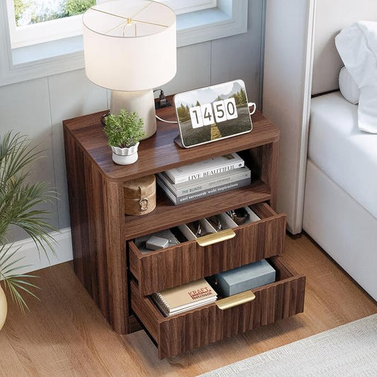 IRONCK Fluted Night Stand Set of 2, Modern Nightstand with Charging Station, Drawers and Open Shelves - Bedside Table Wood Side Table Set for Bedroom, Walnut