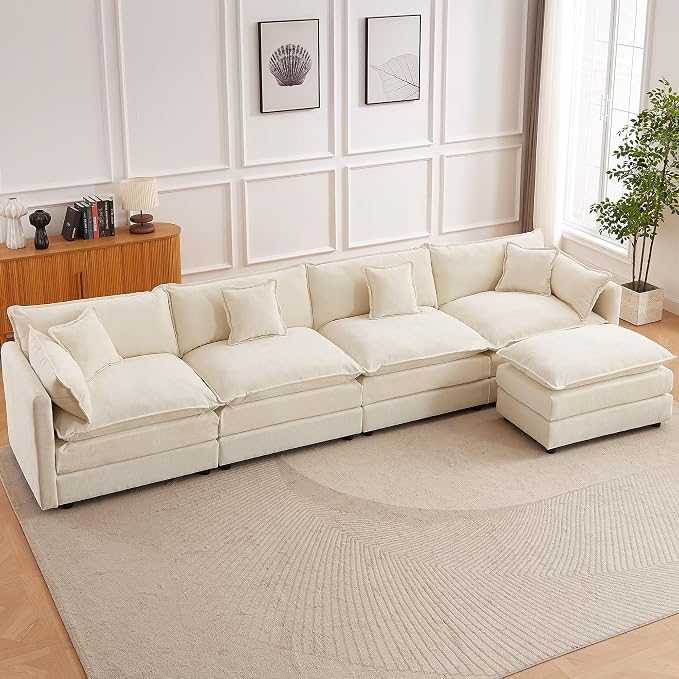 Modular Sectional Sofa, 147.2 Inch L Shaped Couch Set with Armrests, 4-Seater Comfy Cloud Couches with Movable Ottoman for Living Room Apartment, Beige