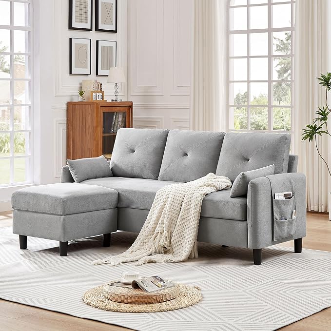 Convertible L-Shaped Sectional Sofa, 3-Seat Sofa Couches with Storage Ottoman & 2 Pillows and Side Storage Pockage, Small Modern Couch for Living Room, Apartment and Office, Light Grey