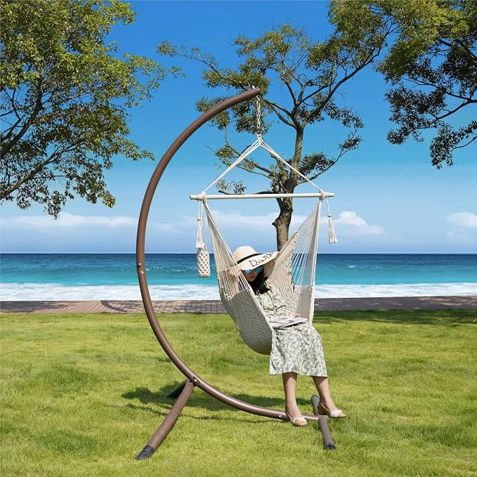 Lazy Daze Hammocks Chair Caribbean Hanging Rope Swing Chair, 40" Removable Steel Spreader Bar with Anti-Slip Rings, Soft-Spun Cotton Rope for Indoor/Outdoor Backyard & Living Room, Max 500 LBS, Beige