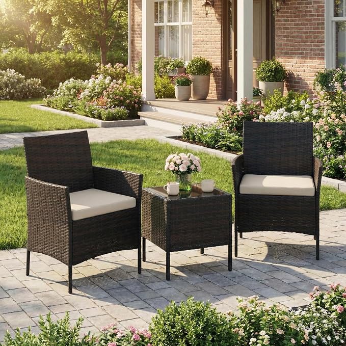 GAOMON 3-Piece Patio Furniture Set, Modern PE Rattan Conversation Set with 2 Chairs & Tempered Glass Coffee Table, All-Weather Outdoor Seating for Garden, Porch, Balcony, Poolside, Brown/Cream