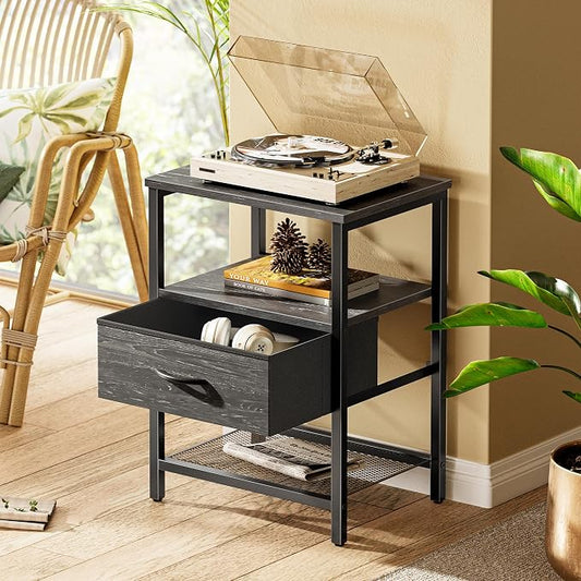 Huuger Nightstand Set of 2, Night Stand with Fabric Drawer, Mesh Shelf, Side Table with Storage, Fabric Drawer Dresser, Open Shelf, Metal Frame, Bedroom, Charcoal Black Wood Grain Print