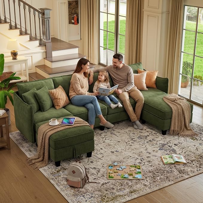 WorthFurni 112" Modular Sectional Sofa U Shape Couches with Storage Ottoman and Washable Cushion Cover for Living Room, Bedroom, Apartment(Green)