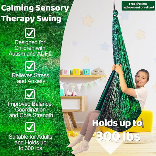 HiCamer Sensory Swing for Kids & Adults Holds 300lbs Indoor/Outdoor Therapy Cuddle Swing with 360° Swivel Hanger Kit (Crystal Green)