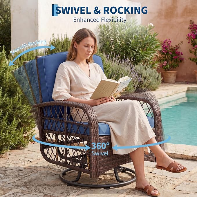 Garvee 3 Pieces Patio Furniture Set, Outdoor Swivel Glider Rocker Set w/Washable Cushion and Tempered Glass Tabletop, Conversation Furniture for Deck Porch Balcony Backyard Garden,Brown & Blue