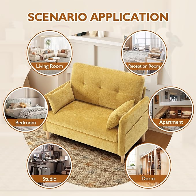 Urhanherry 47" Small Sofa Couch for Bedroom, Soft Chenille loveseat Mini Couch with Throw Pillow and Removable Cushion Cover for Small Spaces, Living Room, Apartment, Dorm, Office(Yellow)