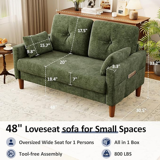 Vipbear 48" Loveseat Sofa,Modern Small Couches for Small Spaces,Green Chenille Love Seat Couch for Living Room,Bedroom,Apartment,Office,Deep Seat,Throw Pillow,Side Pockets,Square Armrest