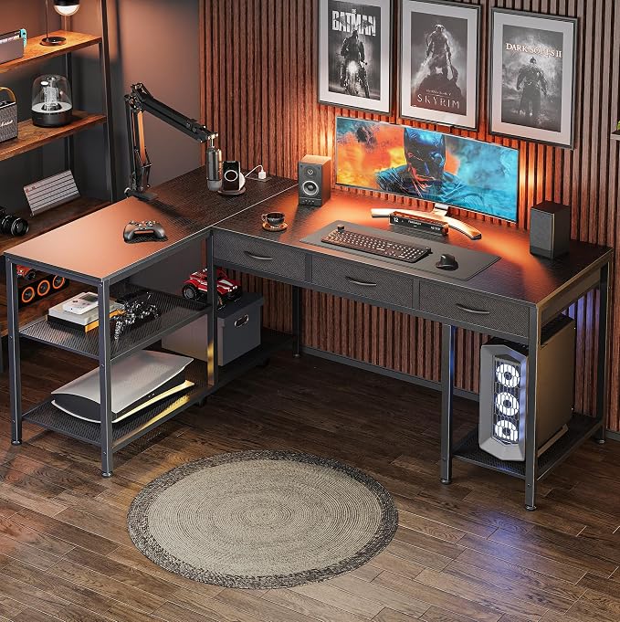 PRAISUN 55 Inch L Shaped Office Desk with Power Outlets and Type-C Port, Large Computer Gaming Desk with 3 Fabric Drawers, Mesh Shelves, Corner Study Work Writing Desk, Black