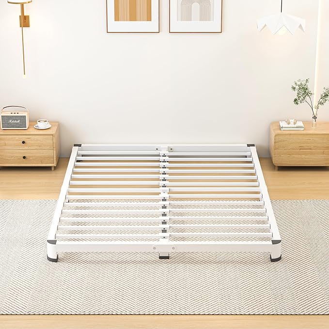 4 Inch Queen Bed Frame, Metal Platform Bed Frame with Round Corner Legs, 3500 lbs Heavy Duty Steel Slats Support, No Box Spring Needed, Noise Free, Easy Assembly, White