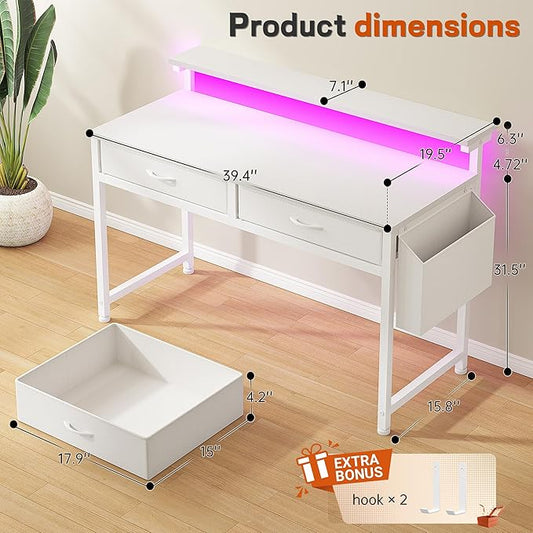 DurayLoly Computer Desk with 2 Drawers & LED Lights,39.4 Inch Home Office Desks with Side Pocket and Monitor Stand,Study Writing Table for Small Spaces,White