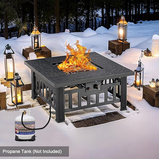 VECELO Propane Fire Pit, 30 Inch Outdoor Gas Fire Table, 50,000 BTU Square Firepit with Lid and Lava Rock, Adjustable Flame Steel Fire Table for Outdoor, Patio, Backyard, Party, Black