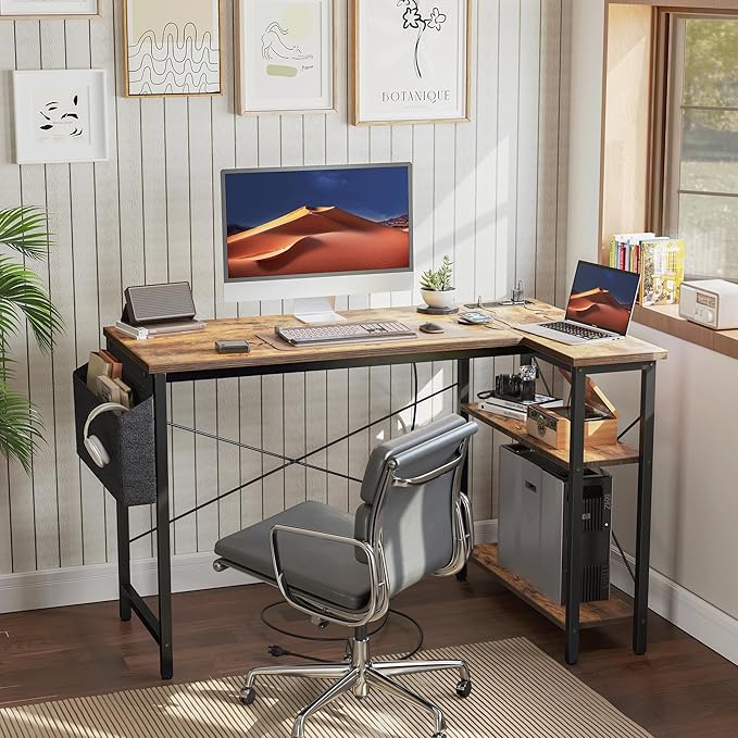 TIQLAB L Shaped Computer Desk with Power Outlets, 47 Inch Small Corner Desk with Reversible Shelves, Gaming Desk Computer Table Study Writing Desk for Home Office Small Space, Rustic Brown