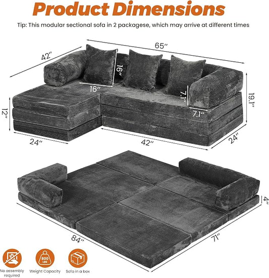 6-in-1 Boneless Couches L-Shaped Modular Sectional Sofa | Cloud Couch Sectional & Tri-Folding Mattress | Corduroy Pet-Friendly Convertible Sofa Bed with 800LB Capacity Apartment, Guest Room