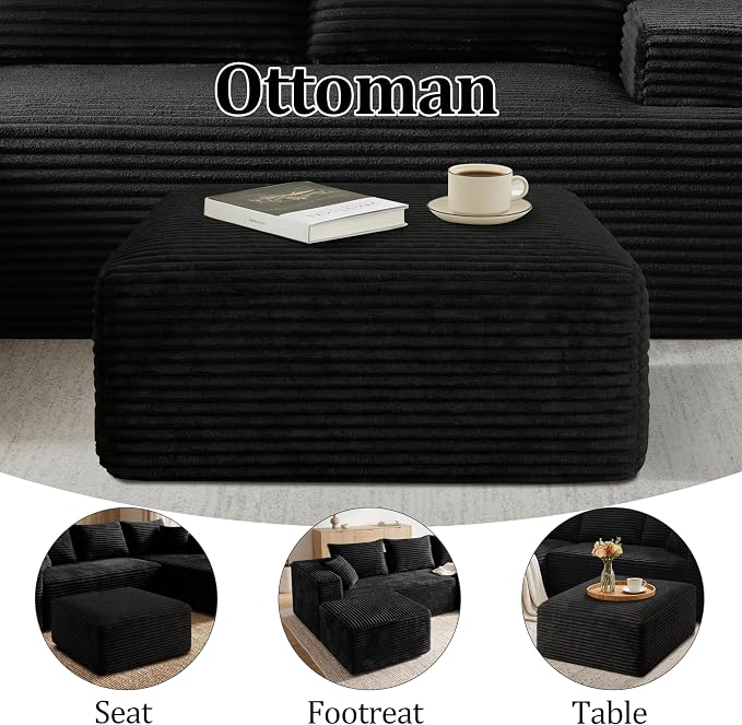 Corduroy Ottoman, Modern Boneless Cloud Foot Rest Foam Support, Oversized Modular Sectional Sofa Stool for Living Room, Bedroom & Small Spaces, No Assembly Required (Black, Ottoman)