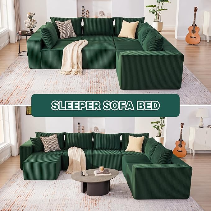 U-Shaped Boneless Couch, Cloud Couch Sectional, Modular Sofa with Deep Seat, Convertible Sectional Couches for Living Room, Plush Corduroy U Shaped Boneless Couch (Green, 6 Seater & 1 Ottoman)