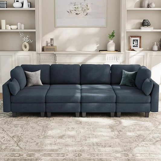Sectional Sleeper Sofa, 8 Seaters Modular Sleeper Sofa Couch, Comfy Sectionals Couches Bed, Convertible Sofas with Ottomans, Modular Sectional Couches for Living Room, Blue