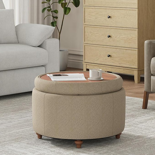 25Inch Round Ottoman with Storage, Tufted Fabric Modern Circle Ottoman with Reversible Tray Lid and Wood Legs, Multi-Functional Small Coffee Table for Living Room, Bedroom, Coffee