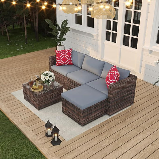 Patio Furniture Set 4 Pieces, Outdoor Patio Furniture Set with Rattan Wicker Chairs, Glass Table and Cushions for Porch, Balcony, Backyard, Garden, Poolside, Brown & Red (Brown + Light Grey, 5 Pieces)