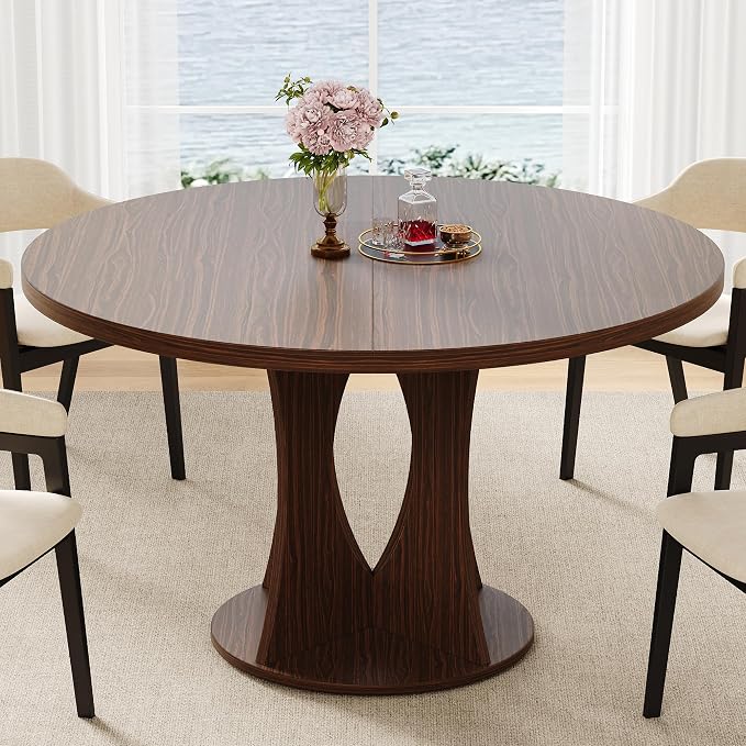 iPormis 47 Inch Round Dining Table for 4-6 People, Wooden Dining Room Table with Pedestal Base, Modern Kitchen Table for Apartments, Dining Room, Kitchen or Living Room, Dark Walnut, Table Only
