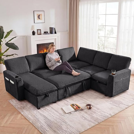 Sectional Sleeper Sofa with Pull Out Bed, Plush Corduroy 7 Seat Modular Sectional Sofa with Storage Chaise and Adjustable Backrest, Cloud Couches for Living Room, Apartment, Dark Grey