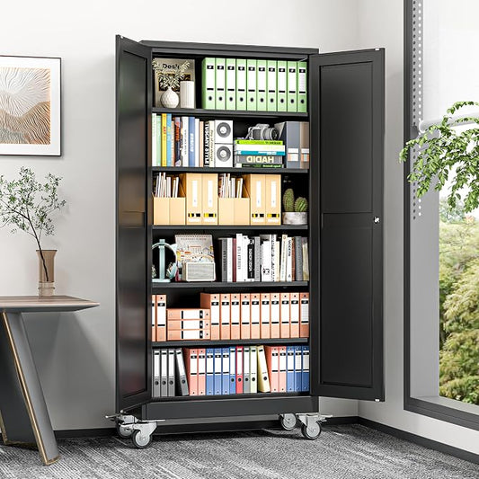 Metal Garage Storage Cabinet, 74”Tall Rolling Utility Cabinet Black | storage system with Wheels, Lock, 5 Adjustable Shelves, Heavy Duty Steel Tool Locker for Home Office, Utility Room, Gym