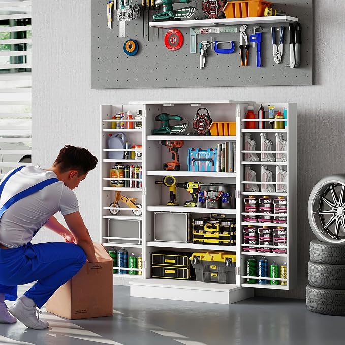 HOMCOM 41" Kitchen Pantry Storage Cabinet, Freestanding Kitchen Cabinet with 12 Door Shelves, Double Doors, 5-Tier Shelving and Adjustable Shelves, White