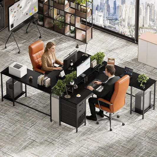 Korfile 66" L Shaped Computer Desk, 94.4'' Home Office Desk with Power Outlets, 4 Adjustable Storage Drawers & 2 Monitor Stands, Large Two Person Gaming Table for Writing Study, Black