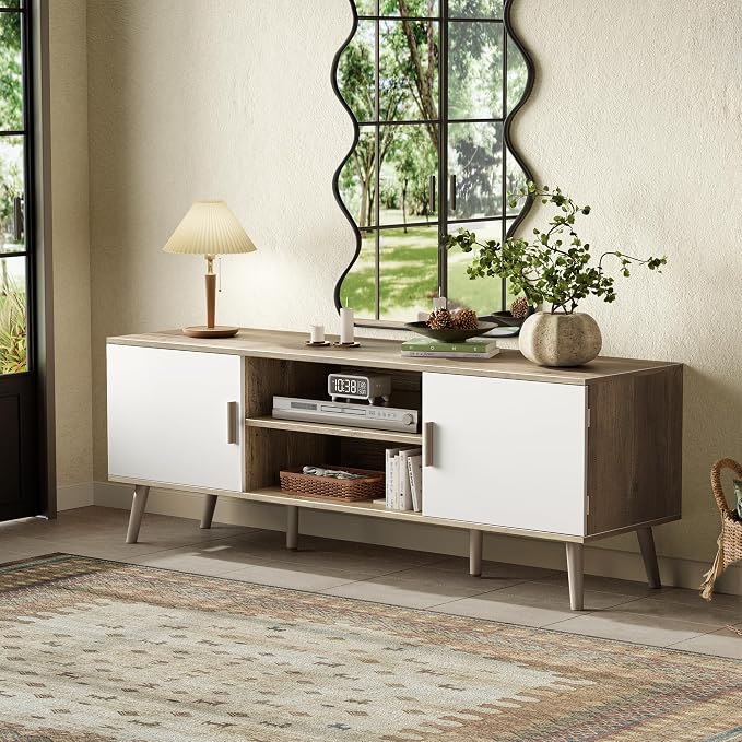 SUPERJARE TV Stand for 55 Inch TV, Entertainment Center with Adjustable Shelf, 2 Cabinets, TV Console Table, Media Console, Solid Wood Feet, Cord Holes, for Living Room, Bedroom, Gray and White