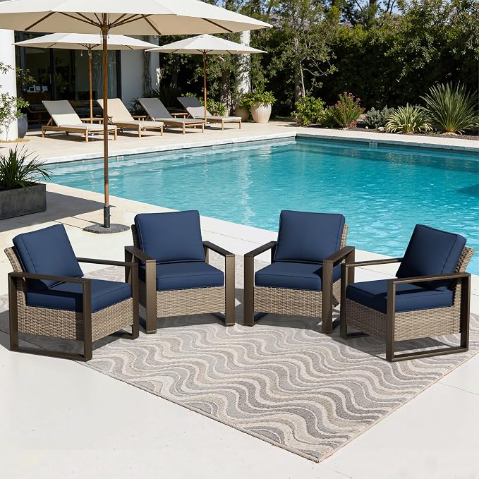 Joyside Outdoor Patio Chairs Set, 4 Pieces Wicker Rattan Chairs with Metal Wide Armrest, Thick Cushions and Deep Seating for Garden, Backyard, Porch, Deck