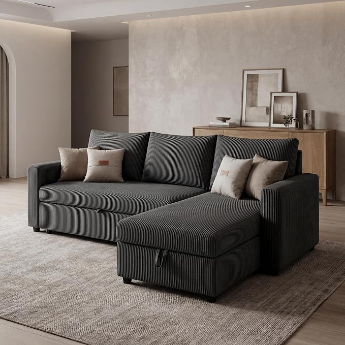 Queen Sleeper Sofa, Convertible Sofa Bed with Storage, 85 Inch Sectional Couch with Pull Out Bed, L Shaped 3 Seat Sectional Sleeper Sofa for Living Room, Apartment, Black