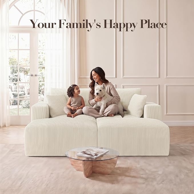 Modular Sectional Sofa Bed with Ottoman, 79" Memory Foam Cloud Couch, Boneless Loveseat Corduroy Upholstered Floor Couch, No Assembly Required Living Room Furniture for Apartment Bedroom, Beige