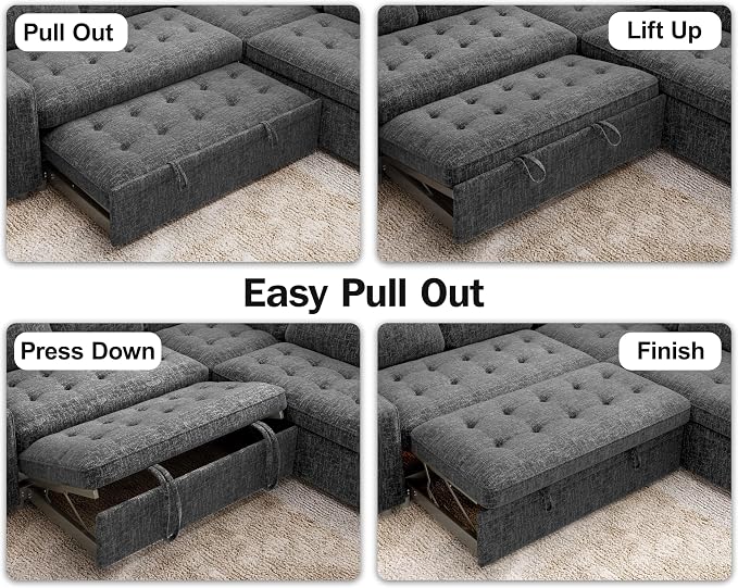 Vipbear 5 Seat L Shaped Modular Sectional Sleeper Sofa Bed with Pull Out Bed/Reclining Backrest/USB Ports/Storage Seat, Sectional Sleeper Couch, Tool-Free Assembly, Chenille Dark Grey