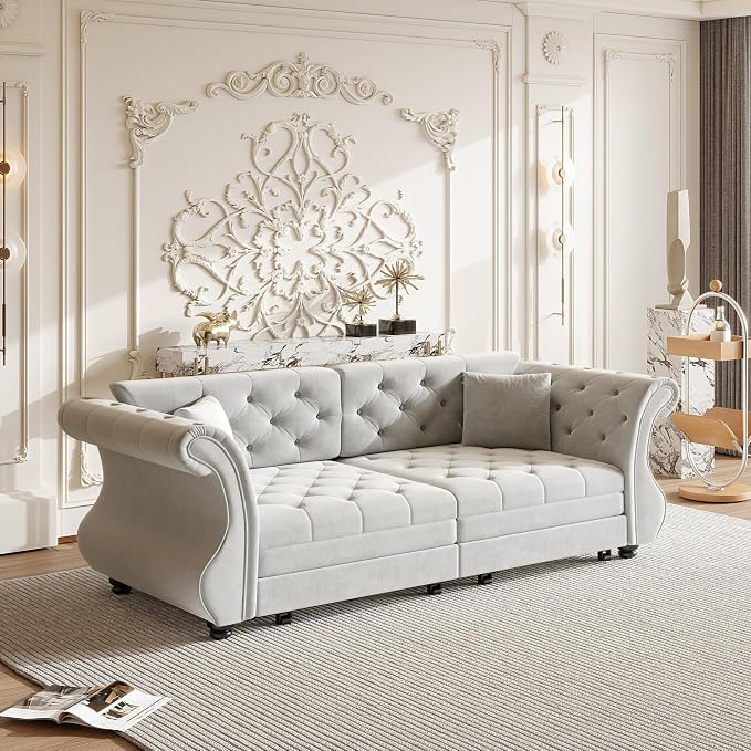 83.8" Oversized Pull Out Sofa Bed, Chesterfield Velvet Sleeper Sofa Couch with Roll Arm & Flower Tufting, Heavy Duty Metal Frame Convertible Sofa for Living Room, Apartment, Guest Room, Light Grey