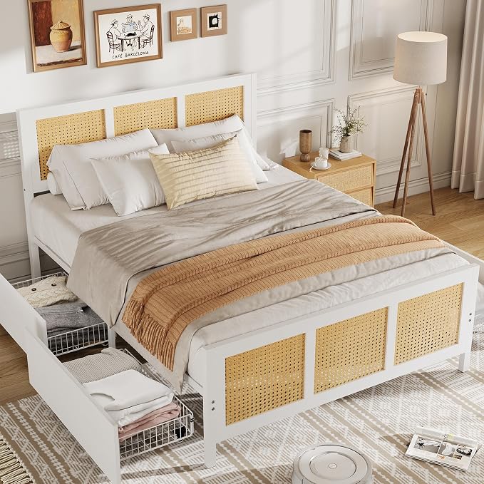 IDEALHOUSE Rattan Bed Frame with Storage Drawers, Boho Queen Led Bed Frame with Strong Metal Slats Support, No Box Spring Needed, Noise-Free Design, White