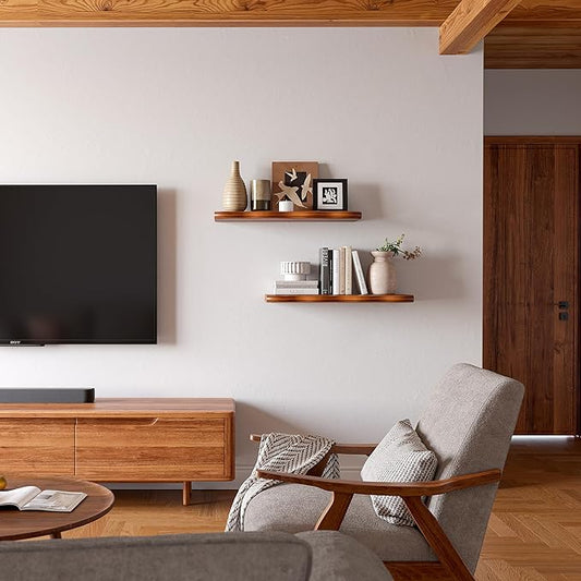 YUFLINX 24inch Walnut Finished Floating Shelves for Wall,Luxury Rustic Solid Pine Wood Shelf Bracket for Room Decor,Wall Mounted Hanging Shelves for Bedroom,Living Room, Set of 2