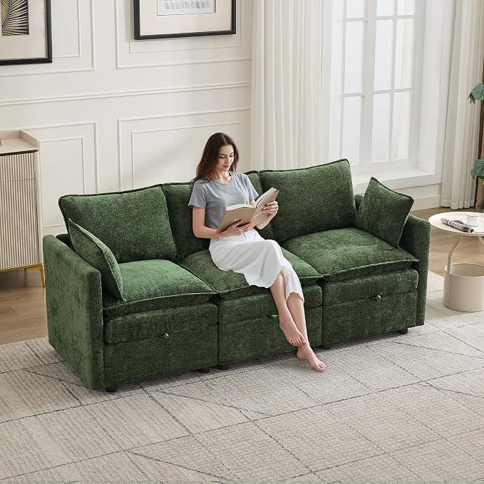 80" Cloud Modular 3 Seater Sofa with Storage, Modern Upholstered Storage Sofa Couch Deep Seat, Sectional Sofa Chenille Comfy Couch with Armrests for Living Room, Small Space, Green