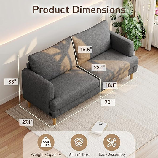 70" Modern Loveseat Sofa with USB Type-C Ports, Linen Fabric 2-Seater Deep Seat Couch, Cozy Small Couch Sofa for Living Room Bedroom Office Apartment (Dark Grey)