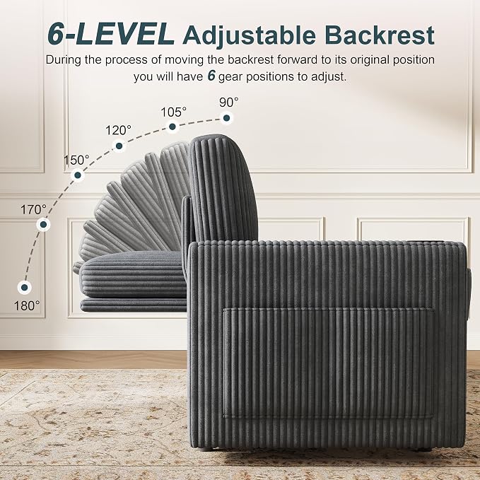 Sectional Sleeper Sofa with Pull Out Bed, Plush Corduroy Sectional Sofa with Double Storage Chaise and Adjustable Backrest, Cloud Sectional Couches for Living Room, Apartment, Light Grey