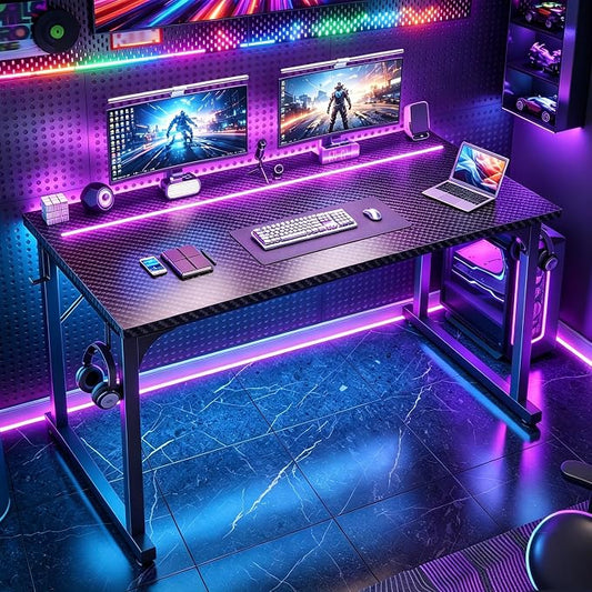 DurayLoly 48" Gaming Desk with Waterproof LED Lights, Carbon Fiber Desktop for Small Spaces | Home Office Study Computer Desk with Storage Bag & Headphone Hook, Black