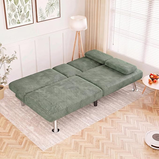 Flamaker Futon Sofa Bed Corduroy Folding Couch Adjustable Sleeper Sofa Bed for Small Apartment Upholstered Living Room Furniture Set with 2 Cup Holders Removable Armrests (Corduroy, Green)