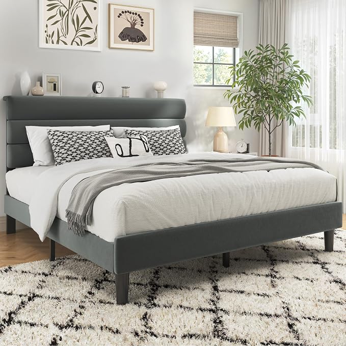 Fluest Queen Size Bed Frame, Platform Bed Frame with Velvet Upholstered Headboard, No Box Spring Needed, Sturdy Metal Support, Noise Free, Easy Assembly, Grey