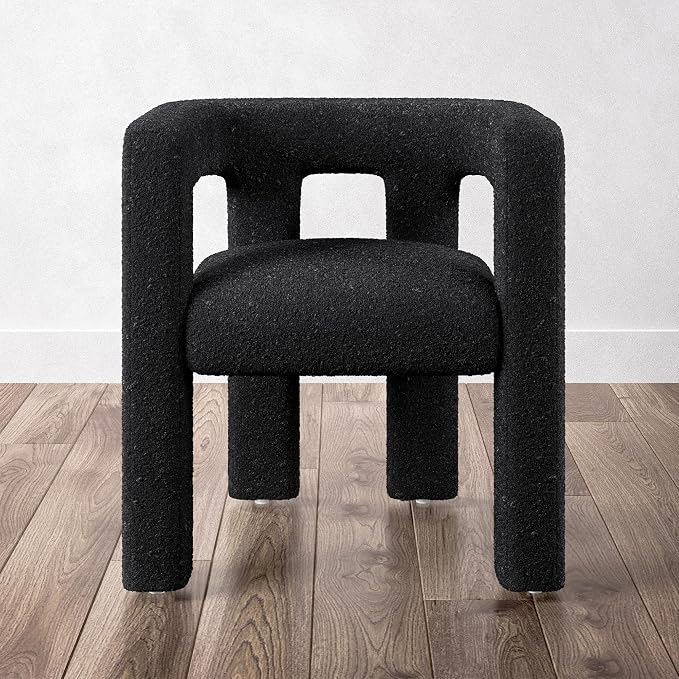 BELLEZE Modern Boucle Barrel Dining Chair, Upholstered Linen Kitchen Boucle Armchair with Sidearms and Back, for Dining Room Living Room- Black