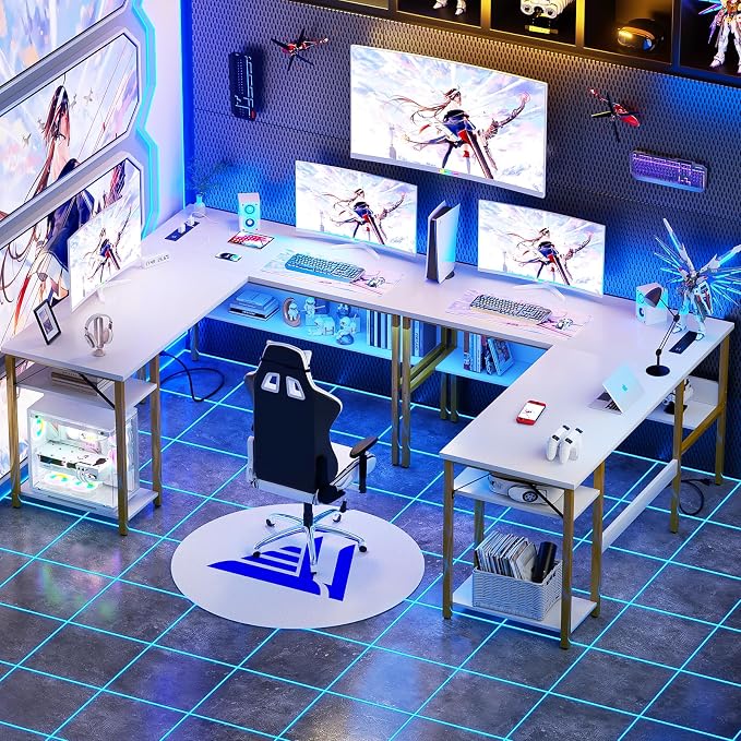 Unikito Reversible L Shaped Desk with Magic Power Outlets and USB Charging Ports, Sturdy Corner Computer Desk with Storage Shelves, Gaming Table Home Office Desk, Easy to Assemble, White and Gold