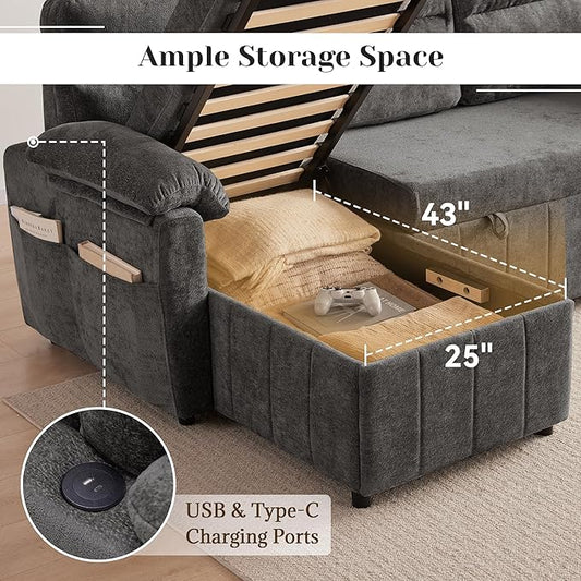 Tbfit 80'' Pull Out Sofa, 3 in 1 Sleeper Sofa Couch with USB & Storage Chaise, Cloud Sofa Bed with Pull Out Bed, Chenille Convertible Sleeper Sofas for Living Room, Small Spaces, Dark Gray